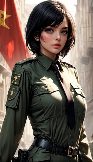 1girll, Female soldier,army suit,Dark green military uniform,Fabric texture: Armed police uniform,Pure white lining,Dark green tie,Black hair,the golden ratio,[:(com rosto detalhado:1.2):0.2]:,PureErosFace_V1, red flags,In the square,Splendid scenery,bright sun,upper body photos,Place your hands on your chest, high street