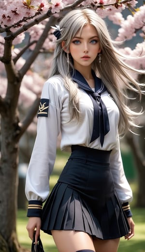 (Japanese-style school,the cherry trees：1. Mature elven beauty,standing on your feet,a sailor suit）, tmasterpiece, best qualtiy, RAW photogr, realisticlying, Incredibly Ridiculous res,Elf long ears, ear studs,hair pin, (Long flowing hair in silver and black：1.9),eye shadows,(a sailor suit),eardrop,foot ring,short  skirt,(Black sport socks)（Black half-knee socks),(Loafer shoes),two longer legs,depth of fields, A high resolution, ultra - detailed, filigree, RAWE is very detailed, very detailed eyes and faces, Sharp pupils, realistic pupil, tack sharp focus, cinmatic lighting,full bodyesbian,Bigboobs,long leges,From the front side,dynamicposes,Normal posture,closeup of face