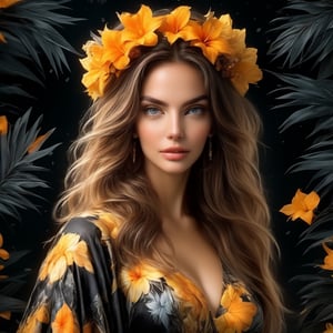 Beautiful frost black orange yellow winter queen soft Hawaiian flowers hyperdetailed portrait 8k Leonardo da Vinci