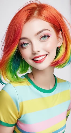 Rainbow Retro: A model with vibrant rainbow hair in a playful bob and bright green eyes winks playfully. She's styled in a colorful outfit with polka dots and stripes, reminiscent of the 1960s.