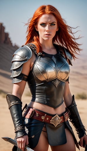 (Best Quality,4k,8K,hight resolution,Masterpiece:1.2),  girl,- barbarian with red hair, (leather armour) arma, desert in background, wild environment, sharp-focus, Nature, action pose,confident expression,Natural texture,