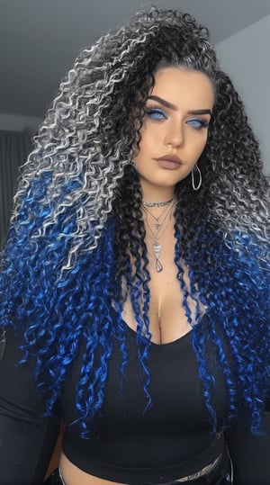 (highers), (ultra detailed), (perfect face), gray eyes, (((three color Crochet braids hair))), (((black white and blue hair))), long hair, piercing, tattoos, tattoo on belly, introvert, shy, navel, (bright lights), (blinding lights), blue color theme, dark, room, punk, large chest, big chest, make up, dark eyeshadow

