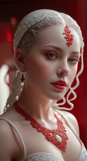 sculpture portrait of an woman white porcelain skin pierced with red Intricate details, very realistic cinematic lighting, volumetric lighting, photographic, no blur, bokeh, defocus, degree sharpness ,porcellana style