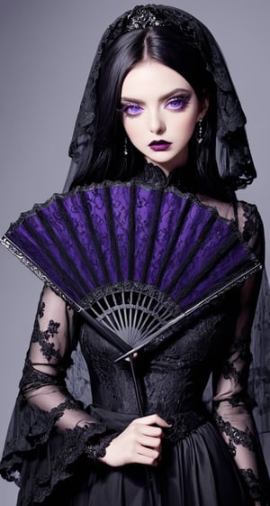 Gothic Glam: A model with jet-black hair in a gothic widow's peak and mesmerizing purple eyes holds a black lace fan. She's dressed in a flowing black gown, creating an air of mystery.