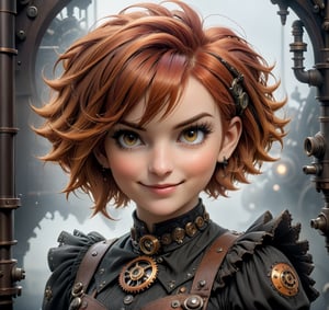 Steampunk redhead girl, hair styled in very short haircut, beautiful face, soft smile, steampunk style, trending on artstation, sharp focus, studio photo, intricate details, highly detailed
,
