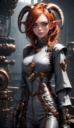 oni, demon girl, steam-powered goggles, twisted horns, copper hair, industrial, metallic ((silver skin)), clockwork city, tinkering with inventions, curious, detailed face, gear-shaped shield, mechanic jumpsuit, wholesome