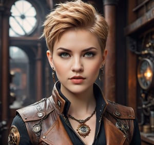 Stunning portrait, rebellious steampunk beauty, shaved undercut blond-auburn pixie-cut, beautiful detailed eyes, perfect detailed face, leather vest, necklane, tight jeans, character portrait, complex, masterpiece, expert, insanely detailed, high resolution, perfect composition, beautifully detailed, complex, trending on artstation
,steampunk style