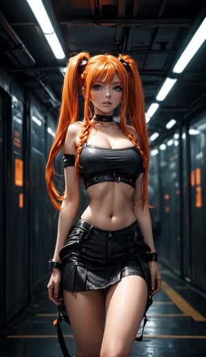 beautiful woman with orange hair (mega twintails) 8k, masterpiece, highly detailed, solo, Underground city,
tilt shot, staggering, ecstatic, tube top