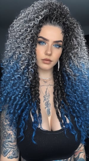 (highers), (ultra detailed), (perfect face), gray eyes, (((three color Crochet braids hair))), (((black white and blue hair))), long hair, piercing, tattoos, tattoo on belly, introvert, shy, navel, (bright lights), (blinding lights), blue color theme, dark, room, punk, large chest, big chest, make up, dark eyeshadow
