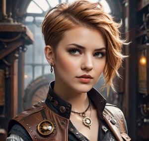 Stunning portrait, rebellious steampunk beauty, shaved undercut blond-auburn pixie-cut, beautiful detailed eyes, perfect detailed face, leather vest, necklane, tight jeans, character portrait, complex, masterpiece, expert, insanely detailed, high resolution, perfect composition, beautifully detailed, complex, trending on artstation
,steampunk style
