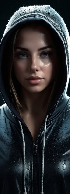 A girl in a hoodie on a rainy night, rim light from moon light, ominous weather and atmosphere, captivating, minimalistic, close up portrait, hoodie casts a shadow over face, mysterious, dark background, sophistication, silhouette, expressive, dynamic pose, ambiance, intrigue and suspense, illustration, digital art, hyperrealism