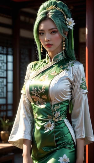 ((Best Quality)), ((Masterpiece)), (Details: 1.4), 3D, A Beautiful Female Figure, HDR (High Dynamic Range), Ancient Chinese Costumes, Satin Clothing, Feminine and Sexy, White Cheongsam, Green Hair Accessories, Tassel Earrings, Ray Tracing, NVIDIA RTX, Super-Resolution, Unreal 5, Subsurface Scattering, PBR Textures, Post Processing, Anisotropic Filtering, Depth of Field, Maximum Sharpness and Clarity, Multi-layer textures, albedo and specular mapping, surface shading, accurate simulation of light-material interactions, perfect proportions, Octane Render, two-color light, large aperture, low ISO, white balance, rule of thirds, 8K RAW, ultra-fine detail facial features, facial details, finger details
