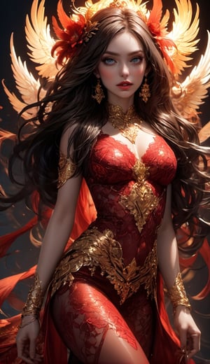 ((Masterpiece, Highest quality)), Detailed face, CharacterDesignSheet,full bodyesbian, Full of details, Multiple poses and expressions, Highly detailed, Depth, Many parts,beuaty girl,cinmatic lighting,with light glowing,Red and gold,Phoenix decoration,light yarn,Lace,lacepantyhose,high-heels