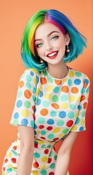 Rainbow Retro: A model with vibrant rainbow hair in a playful bob and bright green eyes winks playfully. She's styled in a colorful outfit with polka dots and stripes, reminiscent of the 1960s.
