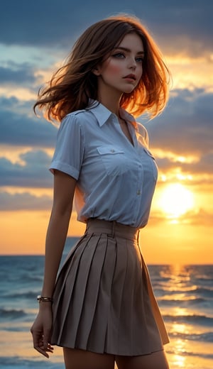 (Best Quality, hight resolution, masutepiece :1.3), (Taken from below), Pretty Woman, Orange sunset sky, Sun and clouds on sea background, Cute girl in uniform. Her hair is light brown in medium bob style. She wears a white blouse and pleated skirt, Stand with her legs wide open, Blushing face, looking in camera, Dynamic shooting