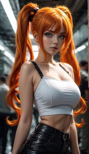beautiful woman with orange hair (mega twintails) 8k, masterpiece, highly detailed, solo, Underground city,
tilt shot, staggering, ecstatic, tube top
