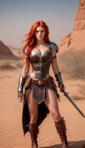 (Best Quality,4k,8K,hight resolution,Masterpiece:1.2),  girl,- barbarian with red hair, (leather armour) arma, desert in background, wild environment, sharp-focus, Nature, action pose,confident expression,Natural texture,
