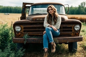 Hyperrealistic art cinematic photo a beautiful farmers daughter sitting on an abandoned truck reclaimed by nature, with rusted fence, and a car, frozen in time. bokeh, 35mm photograph, film, bokeh, professional, 4k, highly detailed, extremely high-resolution details, photographic, realism pushed to extreme, fine texture, incredibly lifelike.





