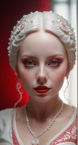 sculpture portrait of an woman white porcelain skin pierced with red:: Intricate details, very realistic:: cinematic lighting, volumetric lighting, photographic, no blur, bokeh, defocus, degree sharpness ,porcellana style