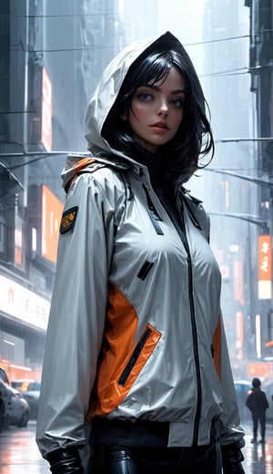 ((highest quality)), ((masterpiece)), (be familiar with), (High definition), (Accurate), (Realistic), (Cinematic), (Best Shadow), (Low contrast), (8K), Perfect Face, ((SYD MEAD style)), manga、manga design、Storyboard、Frame division、A woman standing in the middle of an intersection, (Replicant), (artificial human world), Wearing a raincoat、Wearing a hood、Hollow Eyes、(Scramble crossing), There's a police officer、The car is jammed、congestion, congestion, NEO TOKYO, A.D.2051, (steam:1.2), It's raining white, evening, (The sky is orange), (Close-up of face)、Bust Shot