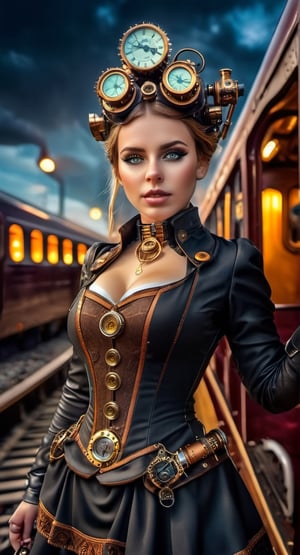 epic hyperrealistic photo::detailed stylization:in the style of steampunk influences, john wilhelm, realistic yet stylized, meticulously detailed, glowing lights, evil train, midnight, death, close to camera symmetrical expansive landscapes, 8k resolution steampunk outfit and weapon, intricate design and details, dramatic lighting, high detail, no blur, no bokeh,steampunk style