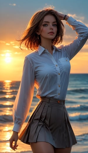 (Best Quality, hight resolution, masutepiece :1.3), (Taken from below), Pretty Woman, Orange sunset sky, Sun and clouds on sea background, Cute girl in uniform. Her hair is light brown in medium bob style. She wears a white blouse and pleated skirt, Stand with her legs wide open, Blushing face, looking in camera, Dynamic shooting