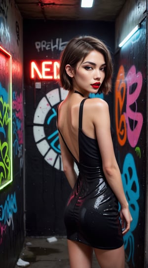 A photo of a woman in a public bathroom captures the allure of a tall, skinny figure with short hair, wearing a sexy black dress with an open back, standing in front of graffiti-covered walls; the dimly lit space accentuates the wet hair glistening under a neon sign, while her red lips add a touch of intrigue , extremely rear view cute ass,Leonardo Style,Monster