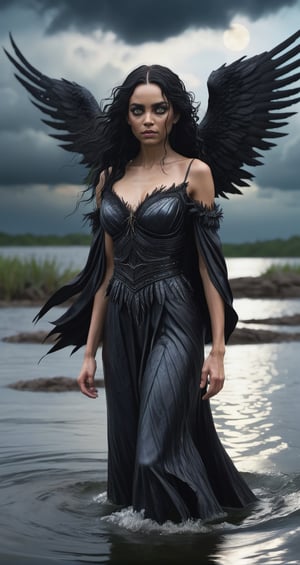 A woman with large black wings stands in a body of water. She has wild, black hair and her eyes appear to be glowing. The sky above her is dark and stormy.