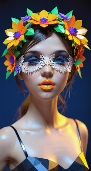 Low-poly style 3D model of a girl - low-poly game art, polygon mesh, jagged, blocky, wireframe edges, centered composition.,Flower Blindfold,blacklight makeup