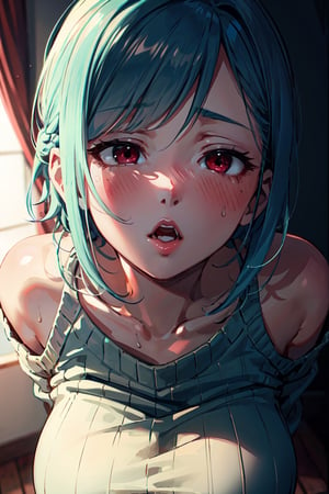 masterpiece, 1girl, (incoming_kiss), pov kiss, red_eyes, (ahegao), (rolling_eyes), upper_body, close_up, beautiful, aqua_hair, indoors, cinematic lighting, short_hair, atmospheric, looking_at_viewer, long_hair, kissing_viewer, mature_female, naughty_face, open_mouth, small_breasts, sweat, solo, open_sweater