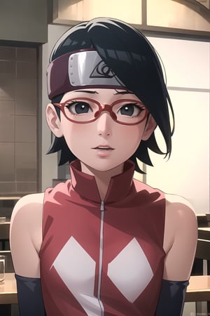 masterpiece, 1girl, (incoming_kiss), pov kiss, restaurant, close_up, Saradauchiha, beautiful, black_hair, black_eyes, short hair, perfect_eyes, indoors, cinematic lighting, bare shoulders,  red-framed eyewear, atmospheric, looking_at_viewer, forehead_protector, kissing_viewer, small_breasts, glasses, arm warmers, anime screencap, Naruto artstyle