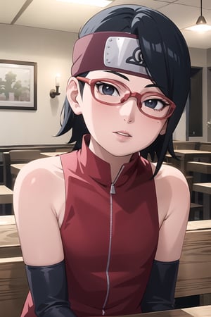 masterpiece, 1girl, (incoming_kiss), pov kiss, restaurant, close_up, Saradauchiha, beautiful, black_hair, black_eyes, short hair, perfect_eyes, indoors, cinematic lighting, bare shoulders,  red-framed eyewear, atmospheric, looking_at_viewer, forehead_protector, kissing_viewer, small_breasts, glasses, arm warmers, anime screencap