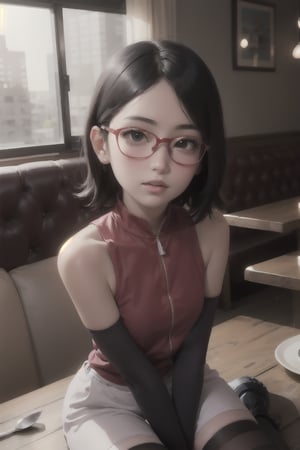 masterpiece, 1girl, (incoming_kiss), pov kiss, restaurant, close_up, Saradauchiha, beautiful, black_hair, black_eyes, short hair, perfect_eyes, indoors, cinematic lighting, bare shoulders, red-framed eyewear, atmospheric, looking_at_viewer, kissing_viewer, small_breasts, glasses, arm warmers, pov date, blush, white_shorts, black_legwear, open_clothes, red dress