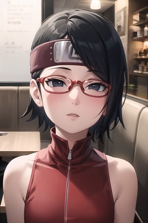 masterpiece, 1girl, (incoming_kiss), pov kiss, restaurant, close_up, Saradauchiha, beautiful, black_hair, black_eyes, short hair, perfect_eyes, indoors, cinematic lighting, bare shoulders,  red-framed eyewear, atmospheric, looking_at_viewer, forehead_protector, kissing_viewer, small_breasts, glasses