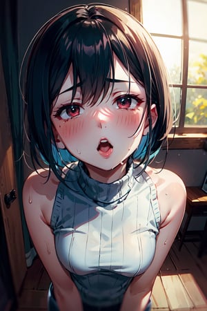 masterpiece, 1girl, (incoming_kiss), pov kiss, red_eyes, (ahegao), (rolling_eyes), upper_body, close_up, beautiful, aqua_hair, indoors, cinematic lighting, short_hair, atmospheric, looking_at_viewer, long_hair, kissing_viewer, mature_female, naughty_face, open_mouth, small_breasts, sweat, solo, open_sweater