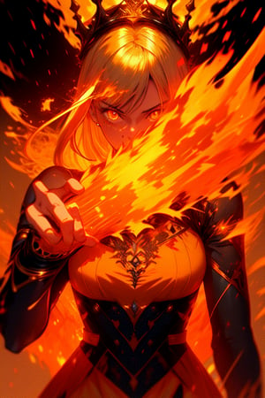 1 queen of fire, beautiful face, very long glitter white hair, bright orange eyes, flaming crown, wearing a detailed flaming style white and red dress, detailed dress with filigree flames style, summer, Iceland location, r1ge, ashes falling background, weapon, holding a fire magic sword, side view, close-up