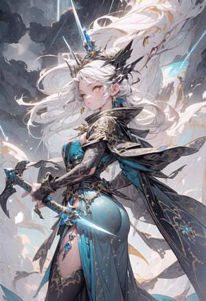 1 queen of thunders, beautiful face, very long glitter white hair, bright golden eyes, wearing a thunder style yellow-blue dress, detailed dress with filigree thunders design, Iceland location, thunderstorm background, weapon, holding a thunder magic sword, side view, thundermagicAI,weapon
