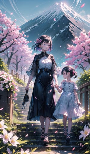 1 mom and 1 little daughter, beautiful, elegant summer clothes, holding hands, walking down stairs, small village location, fuji mountain background, pink blossom felling down, quiet and relaxing moment, close-up,High detailed ,Color magic,Saturated colors,Color saturation ,glitter