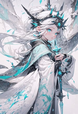 1 queen of ice, beautiful face, very long glitter white hair, bright cyan eyes, wearing a winter ice style white-blue dress, detailed dress with filigree ice style, winter, Iceland location, blizzard storm background, weapon, holding an ice magic sword, snowing background, side view, icemagicAI,weapon