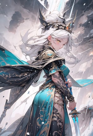 1 queen of thunders, beautiful face, very long glitter white hair, bright golden eyes, wearing a thunder style yellow-blue dress, detailed dress with filigree thunders style,  Iceland location, thunderstorm background, weapon, holding a thunder magic sword, snowing background, side view, thundermagicAI,weapon