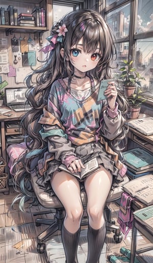 a sketch of a girl studying, 18 years old, math paper book, long hair, heterochromia eyes, teenager room location, sitting, sketchy, Sketch, perfect anatomy