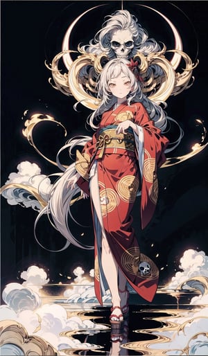 1 girl, long white hair, bright golden eyes, detailed elegant red kimono with golden filigree design, clouds floor, black background, skulls floating