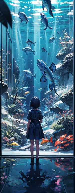 1 little girl, solo, medium hair, summer clothes, hands against the glass, peaceful and relaxing environment, many kinds of fishes in background, main color: blue, back view, masterpiece quality, detailed, detailed shadows effect, aquarium location, silhouette effect.,High detailed 