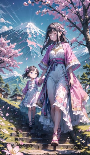 1 mom and 1 little daughter, beautiful, elegant summer clothes, holding hands, walking down stairs, small village location, fuji mountain background, pink blossom felling down, quiet and relaxing moment, close-up,High detailed ,Color magic,Saturated colors,Color saturation ,glitter