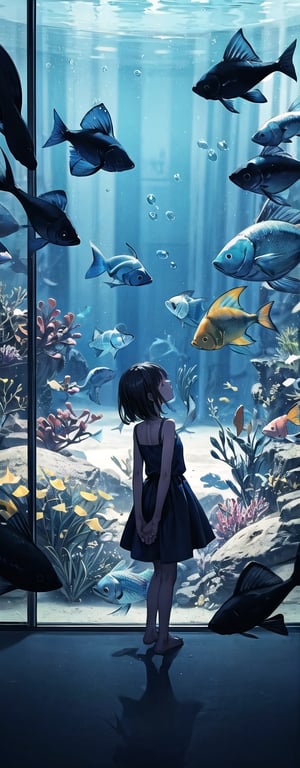 1 little girl, solo, medium hair, summer clothes, hands against the glass, peaceful and relaxing environment, many kinds of fishes in background, main color: blue, back view, masterpiece quality, detailed, detailed shadows effect, aquarium location, silhouette effect.