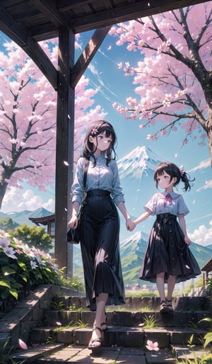 1 mom and 1 little daughter, beautiful, elegant summer clothes, holding hands, walking down stairs, small village location, fuji mountain background, pink blossom felling down, quiet and relaxing moment, close-up,High detailed ,Color magic