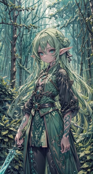 1 beautiful elf girl, very long delicate green hair, bright cyan eyes, holding a magical small daga, deep into forest location, detailed, masterpiece quality, close-up, front of view,fantasy00d, detailed shadow effect, symmetrical, weapon, fighting spirit expression, magical tribal tattoos 