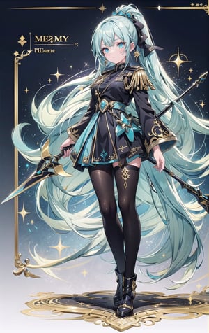 1 military captain girl, bright cyan eyes, very long ponytail black hair, detailed cyan military dress with golden filigree design, holding a long magical golden halberd, full body, front view, concept art, game character design, UR rarity frame effect, glitter,shiny.