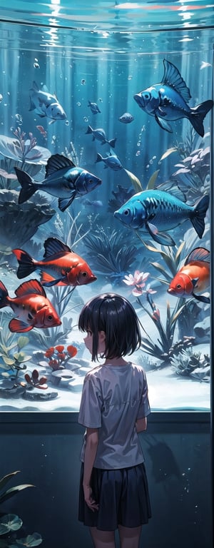 1 little girl, solo, medium hair, summer clothes, hands against the glass, peaceful and relaxing environment, many kinds of fishes in background, main color: blue, back view, masterpiece quality, detailed, detailed shadows effect, aquarium location, silhouette effect.,High detailed 
