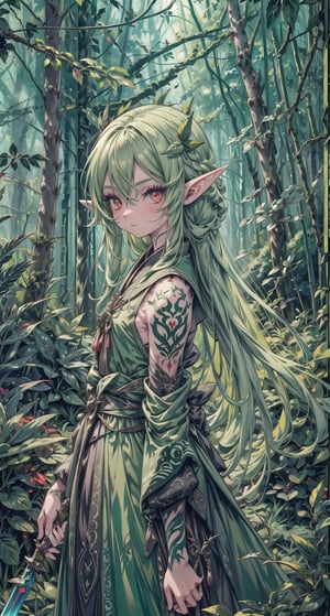 1 beautiful elf girl, very long delicate green hair, bright red eyes, holding a magical small daga, deep into the forest location, detailed, colorful vegetation, masterpiece quality, close-up, front of view,fantasy00d, detailed shadow effect, symmetrical, weapon, fighting spirit expression, black tribal tattoos 